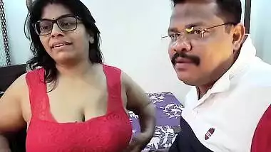 Nerdy Desi man worships saggy XXX tits of his chubby wife on webcam