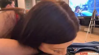 The husband was busy playing while I was giving a blowjob to his friend