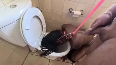 Human toilet indian whore get pissed on and get her head flushed followed by sucking dick
