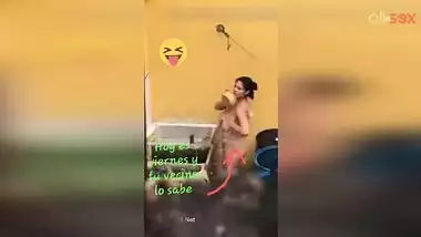 Horny Desi aunty fingering hairy pussy while bathing in a outdoor