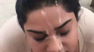 Big boob babe takes thick Indian cum in mouth