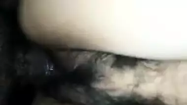 Desi girl has XXX tool of man behind the camera in her hairy pussy