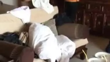 big boob desi wife soniya in bra shorts teasing room service boy