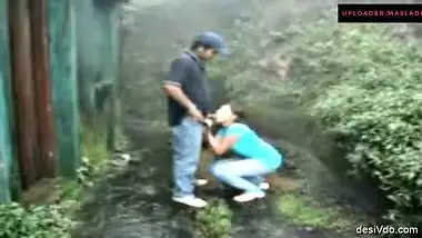 Mangalore horny couple stand fuck doggy and cum in Windy rainy forest