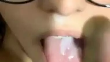 Cute Girl With Glasses Takes Cum In Mouth Swallows And Licks It Nicely